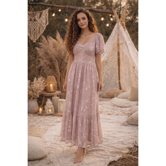 Ember Dresses & Skirts - Ember Mauve Pink Boho Burnout Dress Sz M Lined Milkmaid Garden Fairy Coquette